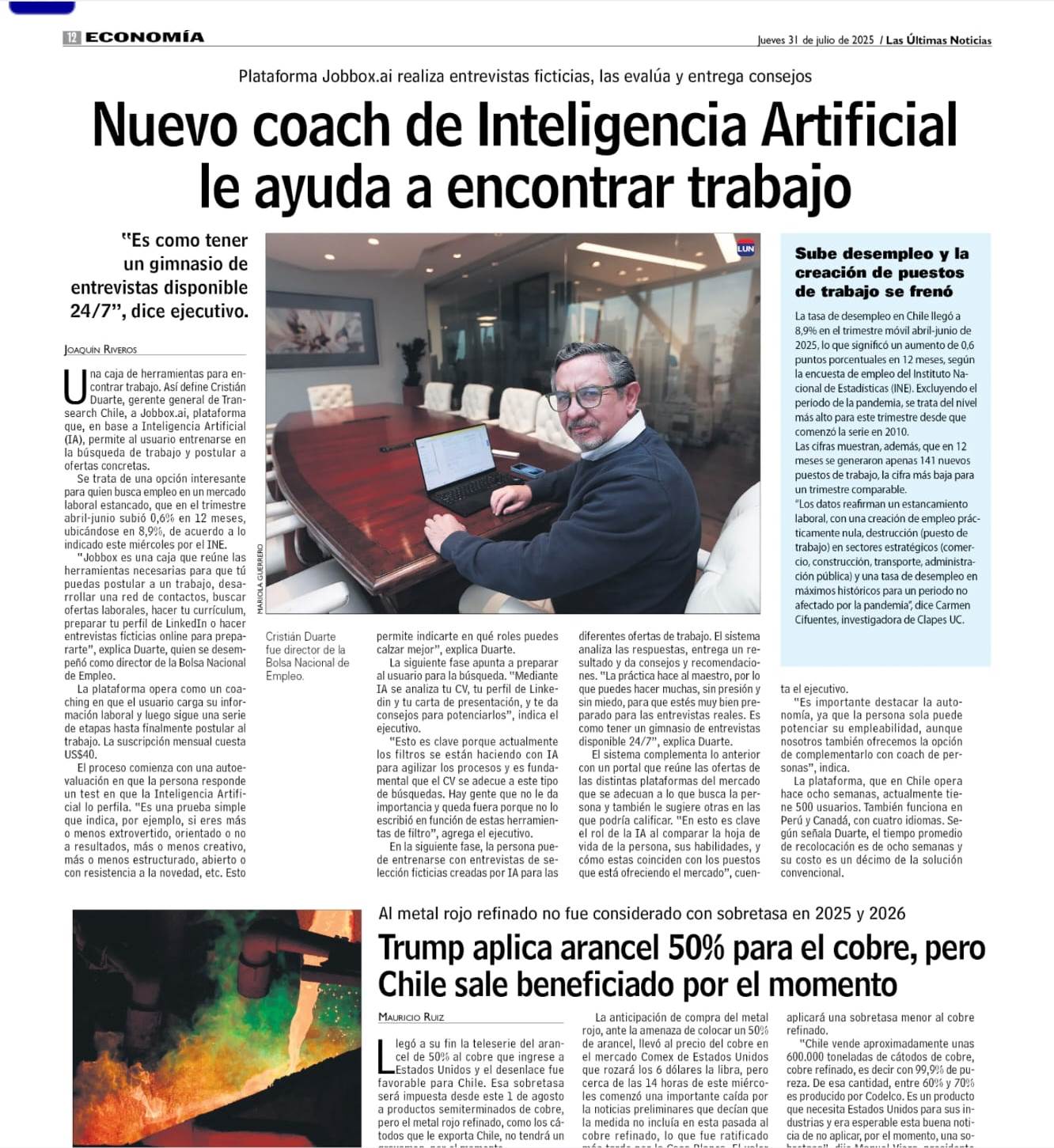 Las Ultimas Noticias Chile. 31 julio 2025. jobbox.ai